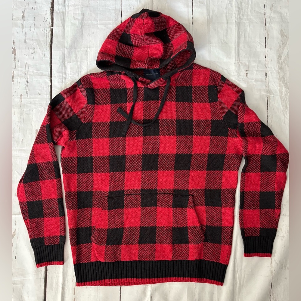 American Eagle Sweater Hoodie Red Buffalo Check Pullover Men Medium